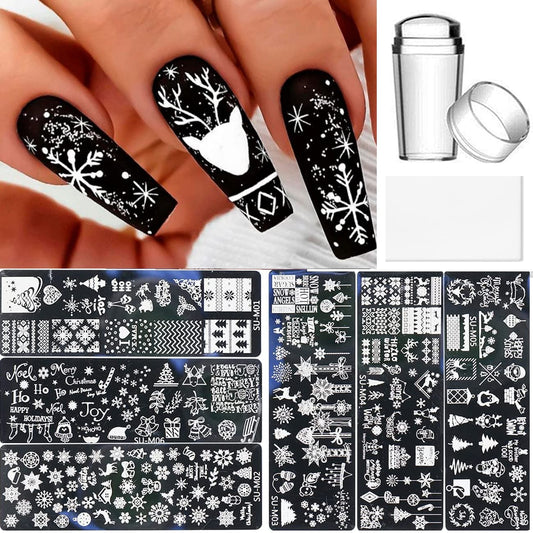 6 Pcs Xmas Christmas Snowflake Nail Stamper Kit with 1 Stamper 1 Scraper, DIY Nail Art Stencil Plates Set