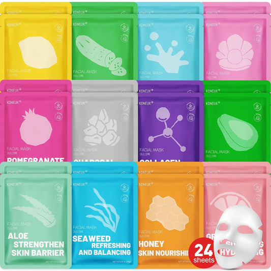 24 Pack Sheet Hydrating Face Masks Skincare, Soothing & Moisturizing Face Mask for All Skin Types, Bulk Collagen Face Mask for Women Skin Care, Facial Masks Set Spa Gifts for Women