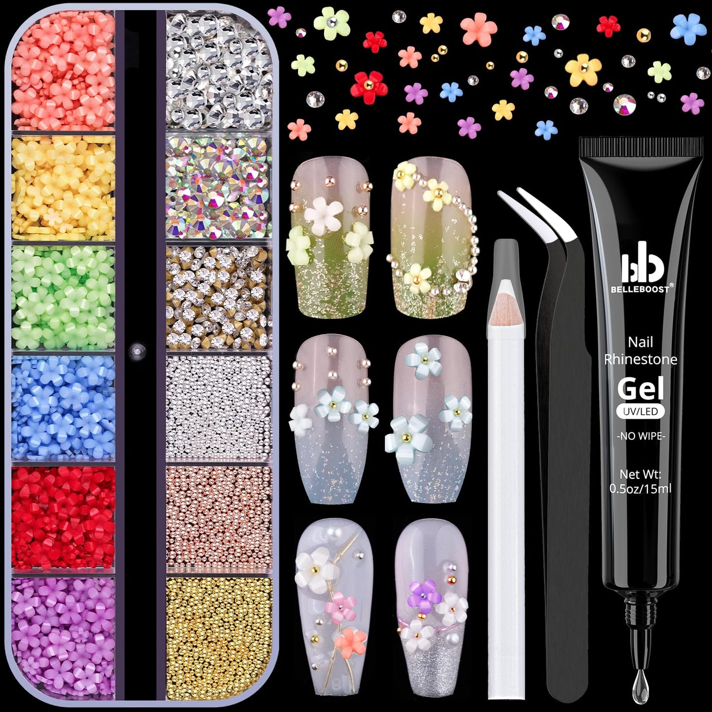 3D Flowers Manicure Gems with Nail Rhinestone Glue Gel, Colorful Acrylic Flower Nail Charms with Caviar Beads, Rhinestones and Gem Glue for Nails (UV/LED Needed) with Pickup & Dotting Tools