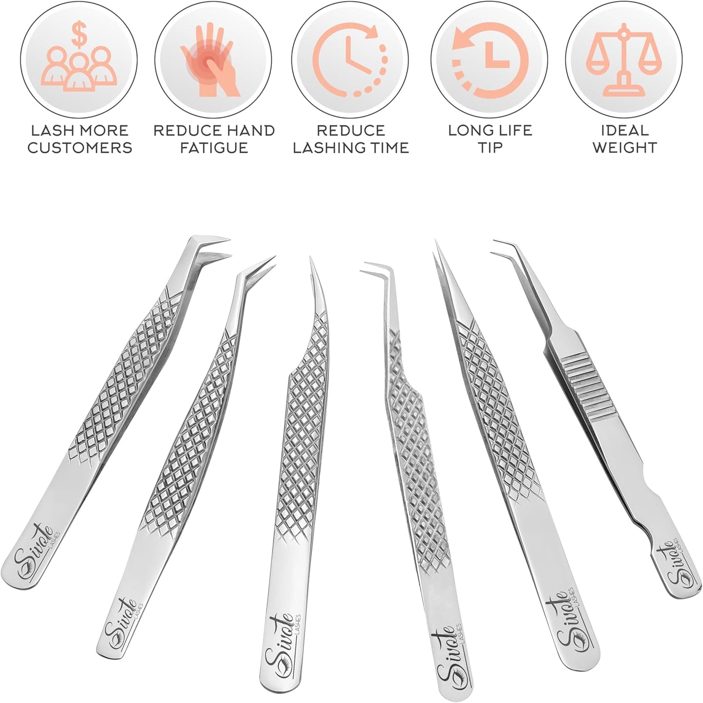 SIVOTE Eyelash Extension Tweezers Fiber Tips Japanese Steel, Set of 6 – Curved, Dolphin, 90° 45° Volume Boot & Slight Curved Tweezer – Professional Lash Tweezers for Lash Extensions Silver