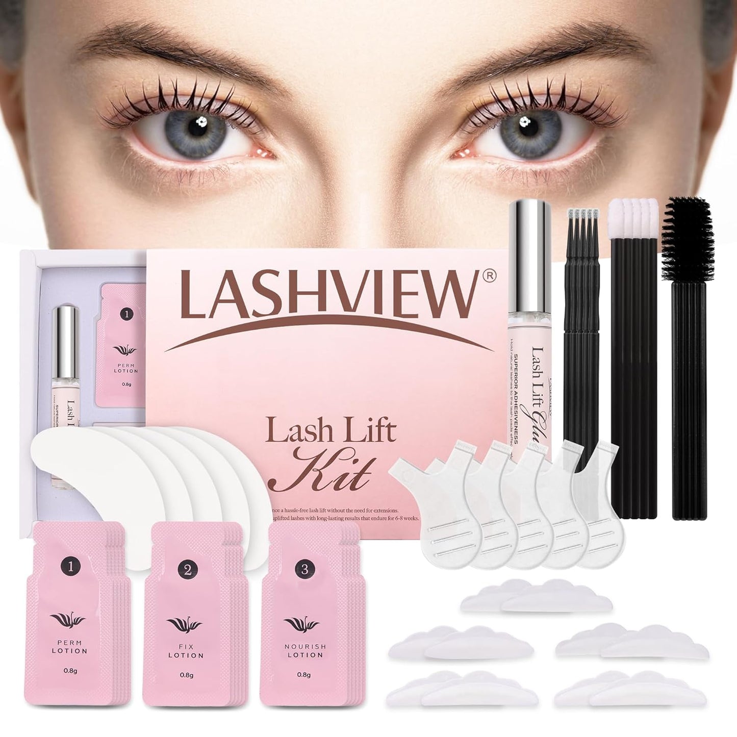 LASHVIEW Lash Lift Kit, Eyelash Perm Kit, Professional Eyelash Curling Lash Extension Set,Lash Curling, Semi-Permanent Curling Perming Wave Suitable for Salon（5PCS）