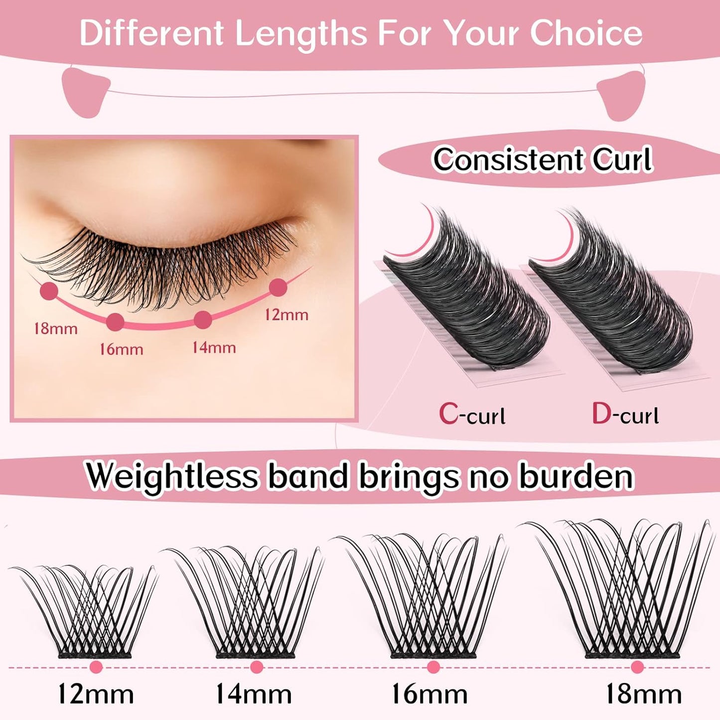 Cluster Lashes, 72 Pcs Individual Lashes, Lash Clusters DIY Eyelash Extension, Natural Lashes Super Thin Band Reusable Soft & Comfortable (Natural-C-12-18 mix)