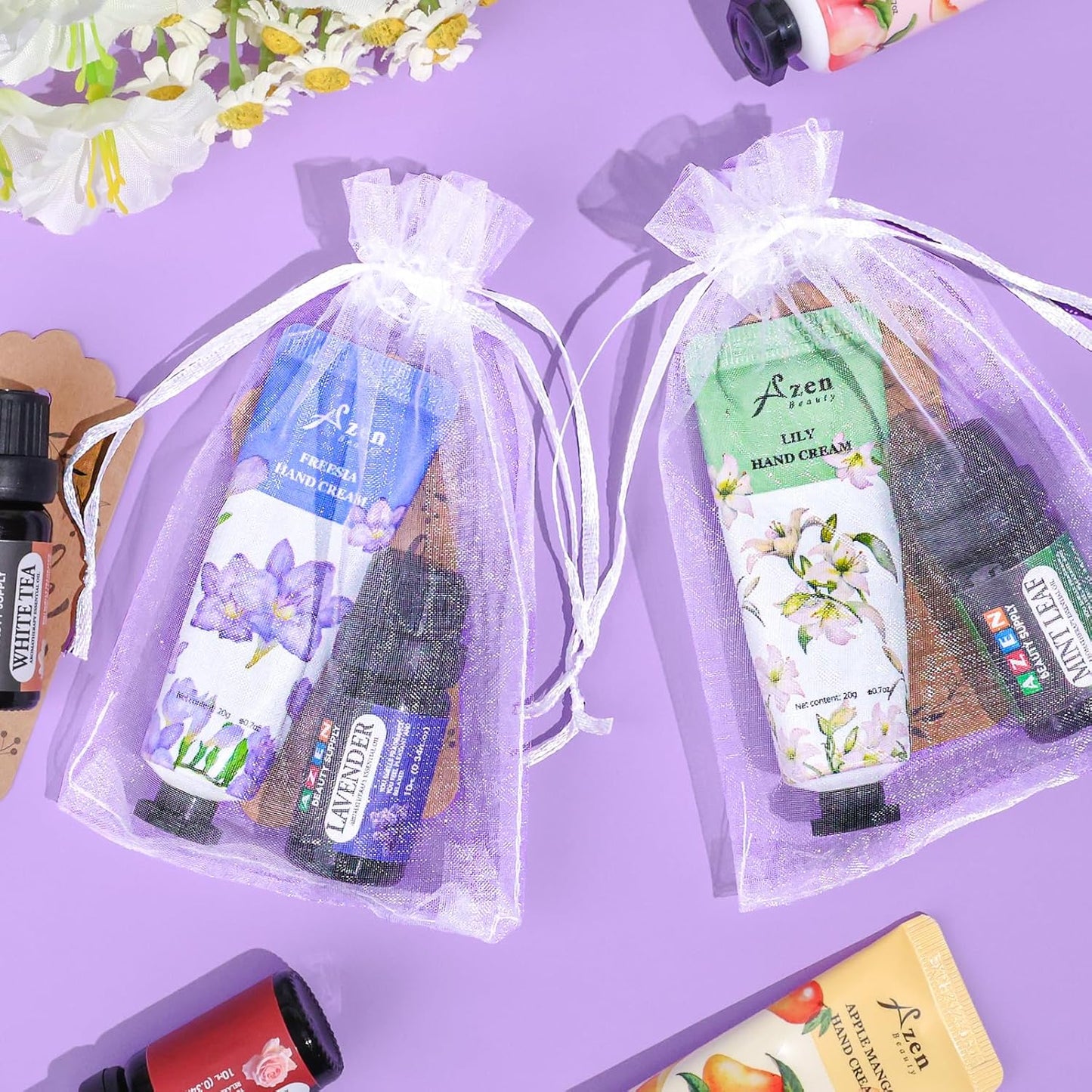 AZEN 60 Sets Bulk Gifts, Hand Cream and Essential Oils Bulk Set with Organza Bag Thank You Card, Baby Shower Wedding Gifts for Guests, Bridal Wedding Favors for Guests,Thank You Gifts for Women