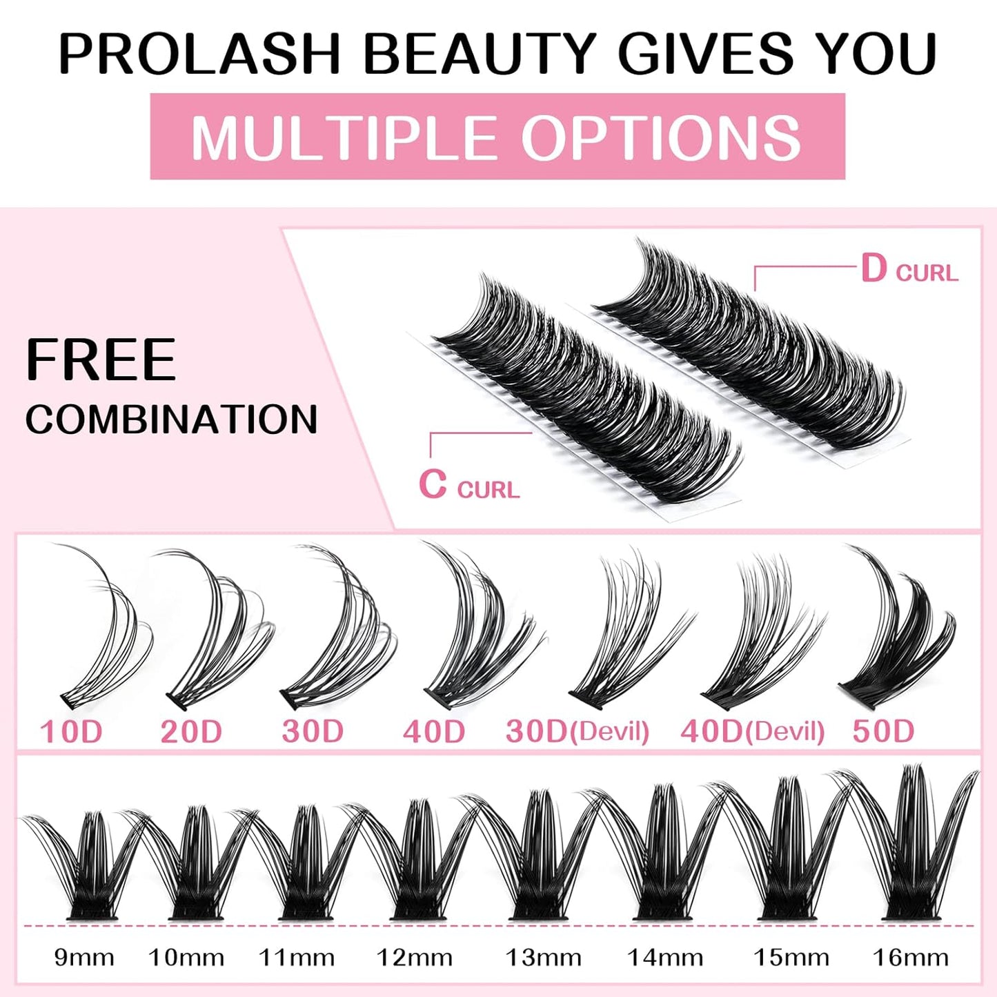 PRO LASHBEAUTY 280 Pcs Individual Lashes 50D-D-0.07-14 Cluster C D Curl Wispy Bottom DIY Lashes At Home
