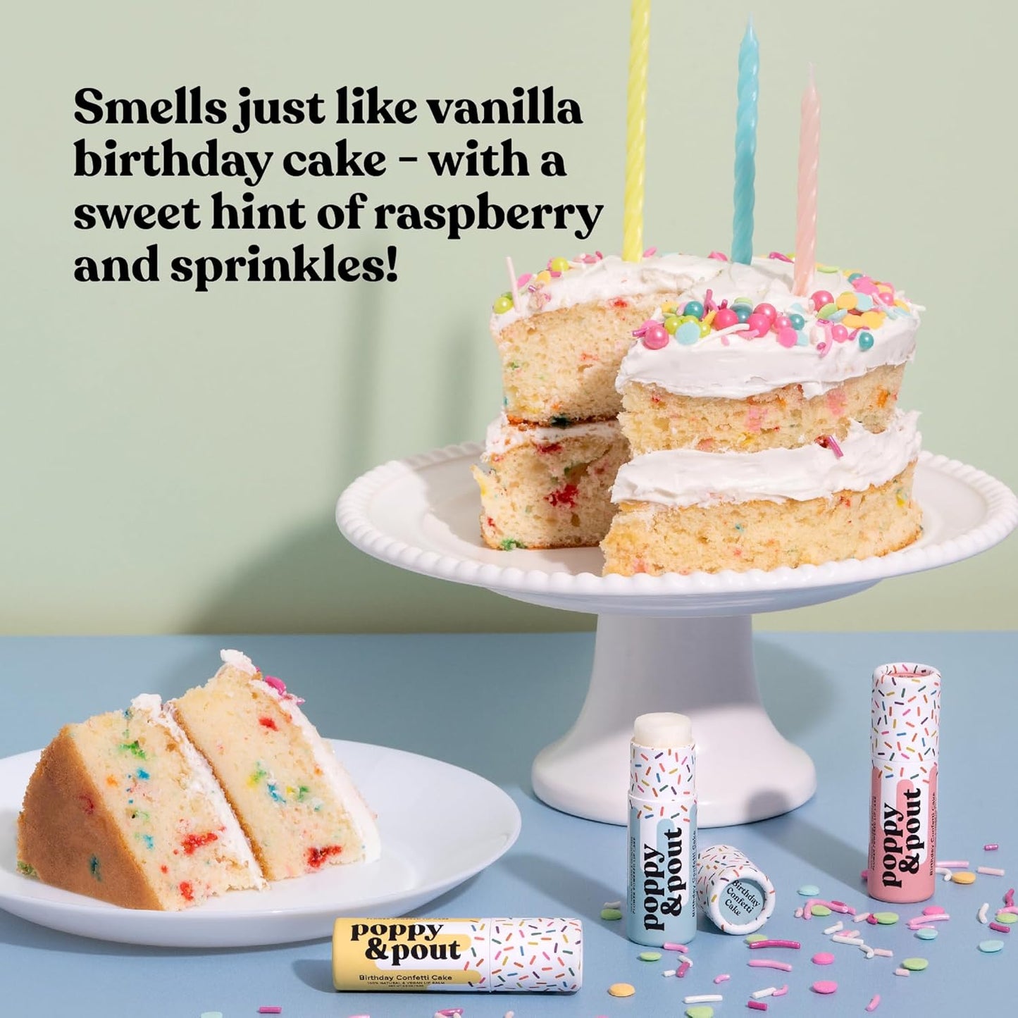 Poppy & Pout Birthday Cake Jumbo Lip Balm | All Natural Lip Balms & Moisturizers | Hydrates with Beeswax, Vitamin E, Organic Coconut Oil | Cruelty-Free | Lip Balm in Recyclable Cardboard Tube (Pink)