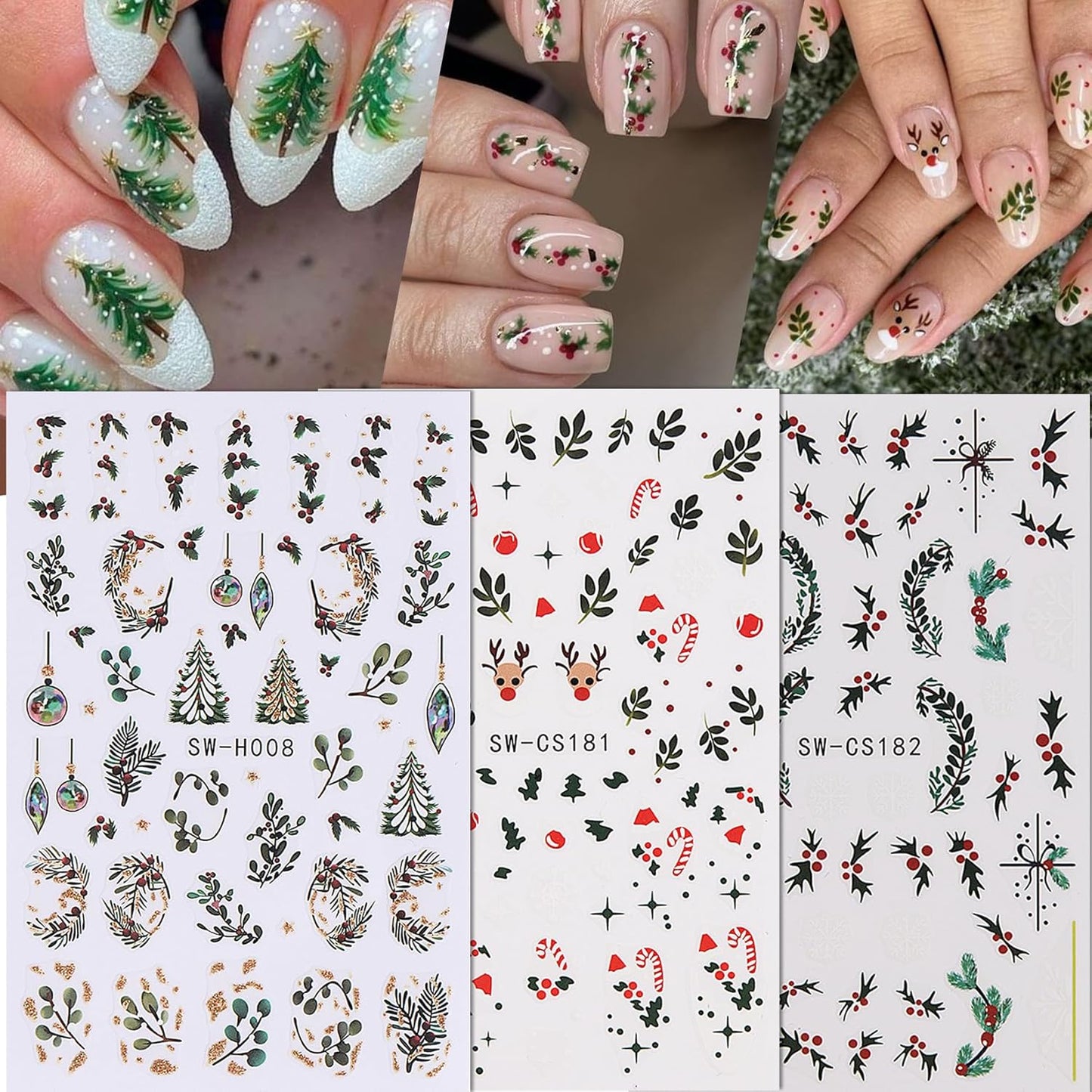 Glitter Christmas Nail Art Stickers 12 Sheets Sparkles Winter Nail Decals 3D Self Adhesive Nail Supplies DIY Santa Claus Gingerbread Man Snowflake Xmas Manicure Decoration DIY Supplies for Women Girl