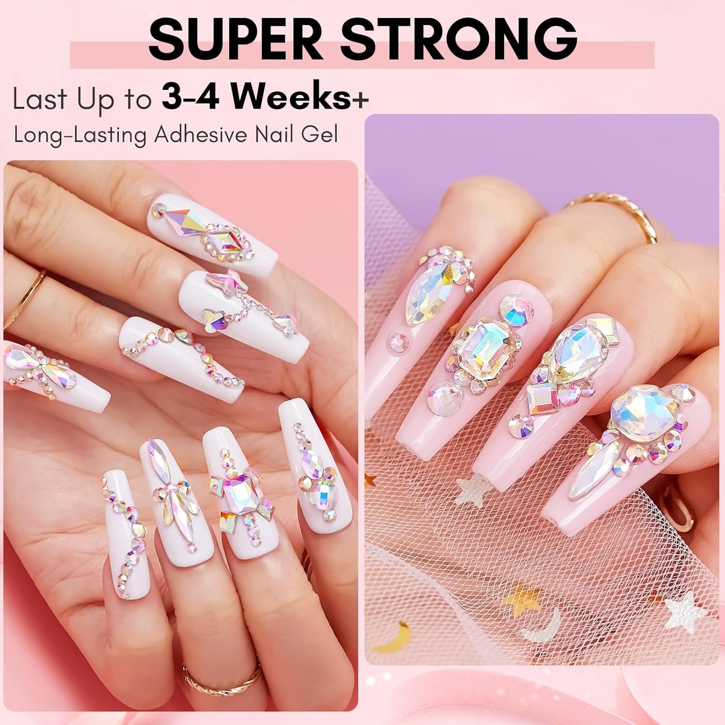 Makartt Nail Rhinestone Glue Set - Gel Nail Glue for Rhinestones, 3D Art Design Super Strong Adhesive for Charm Gems Jewel Crystal Beads Diamonds, 15ml & 8ml, Easy Use, Cured Need