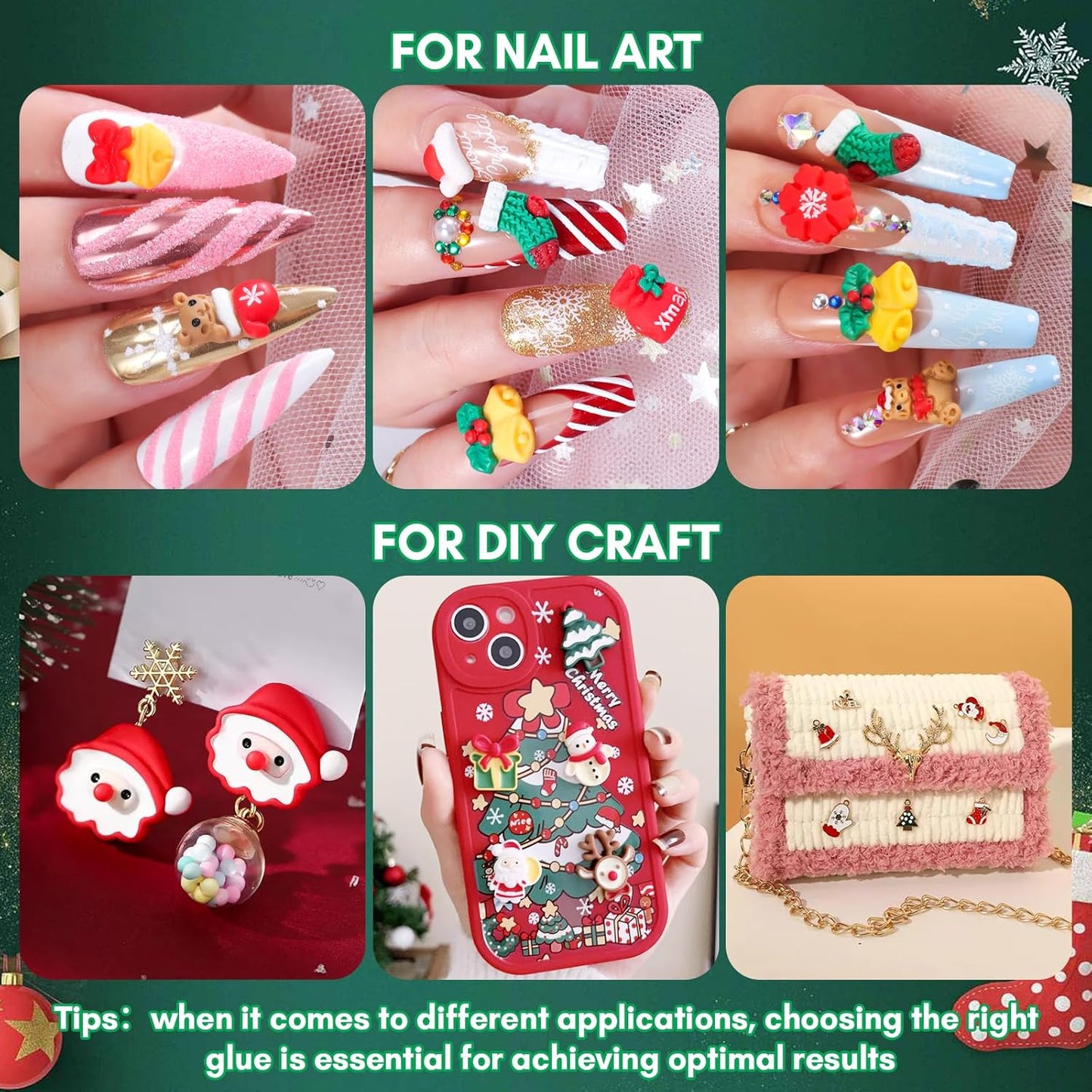 Makartt Christmas Decorations Gift Set: 48PCS 3D Nail Charms with Cartoon Santa, Elk, Tree, Bells for Women, Includes Art Tweezer, Acrylic Accessories for Nails Techs and DIY