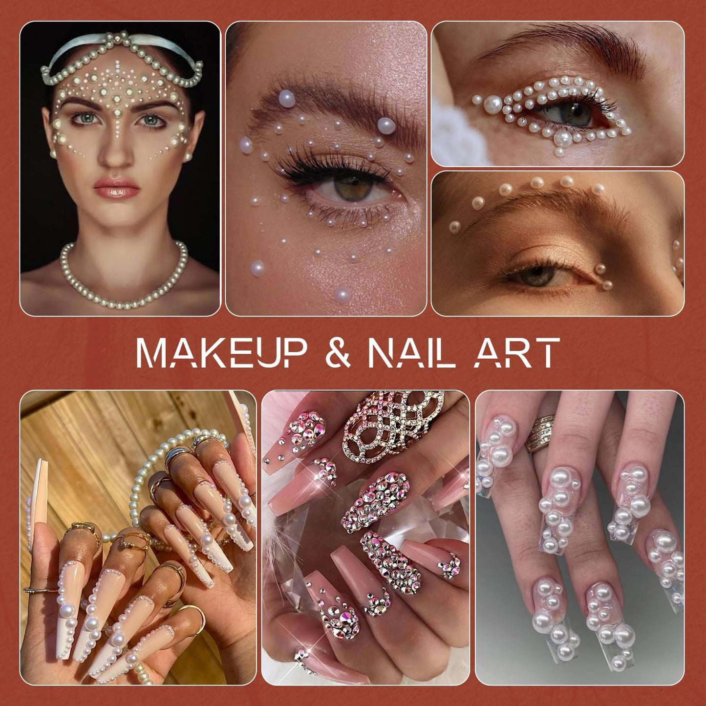 80g Flatback Pearls and Rhinestones for Crafting, White Brown 3-10mm Resin Rhinestones and Half Pearls for Bedazzling, Nail Art and Dec with 3pcs 10ml B7000 Jewelry Glue, Tweezer and Pickup Pencil