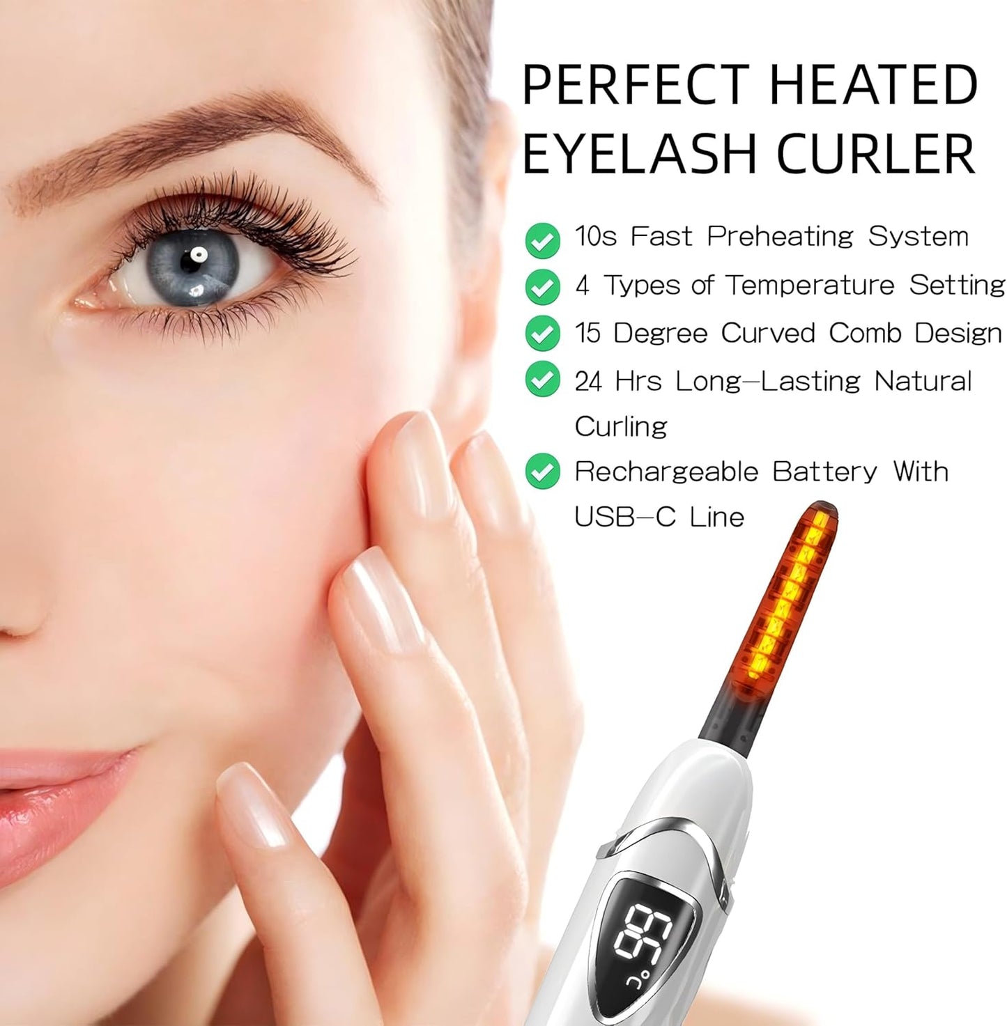 ZAPAL Heated Eyelash Curler, S600 Rechargeable Heated lash Curler, Intelligent Power Off Electric Eyelash Curler Heated Quickly 24 Hs Lasting Natural Makeup for Woman - Snow White/Silver