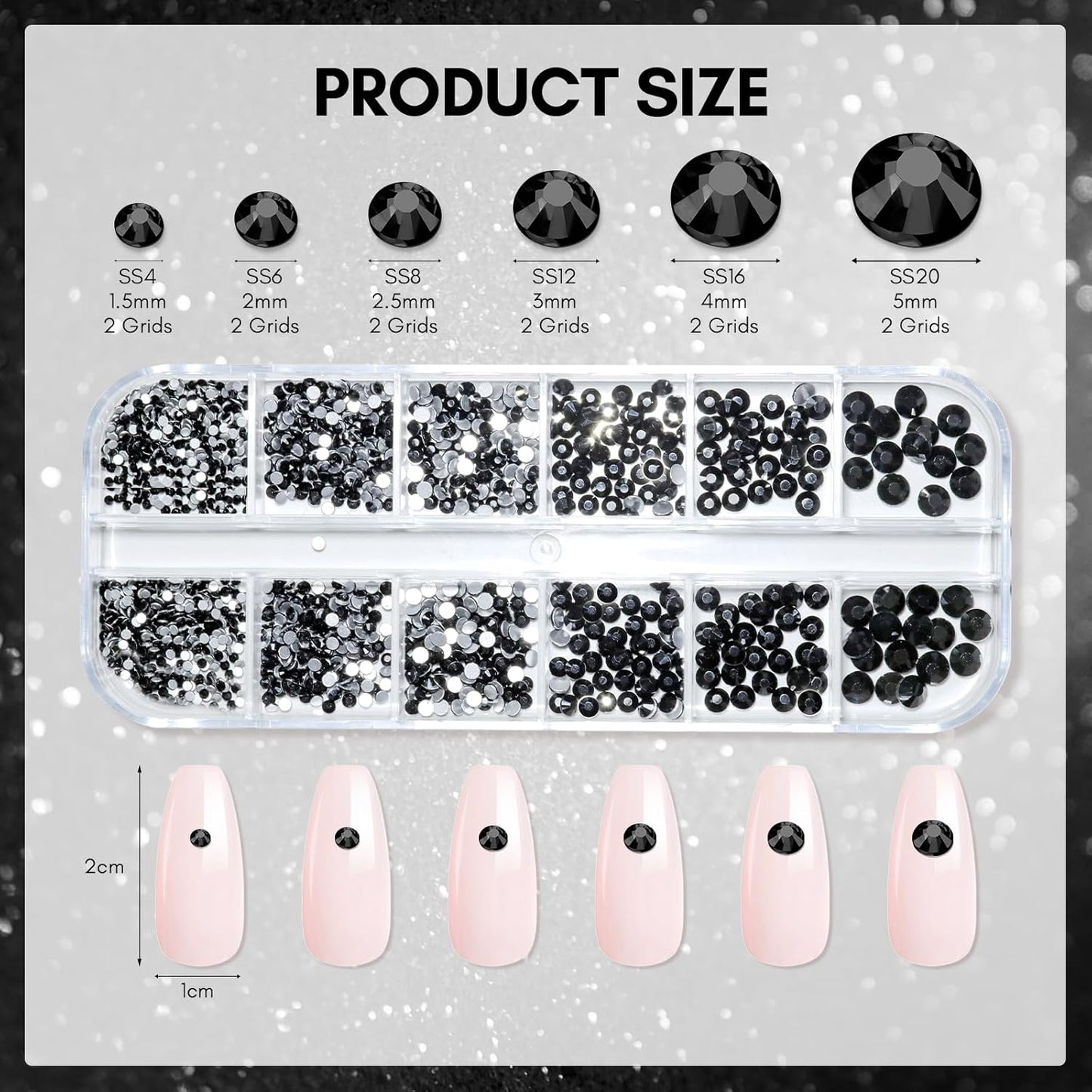 Makartt, 1110 Pcs Rhinestones Set, Black, Round, Multi-Size, Glass or Crystal, for DIY Crafts, Nail Art Supplies Accessories, Christmas Gift