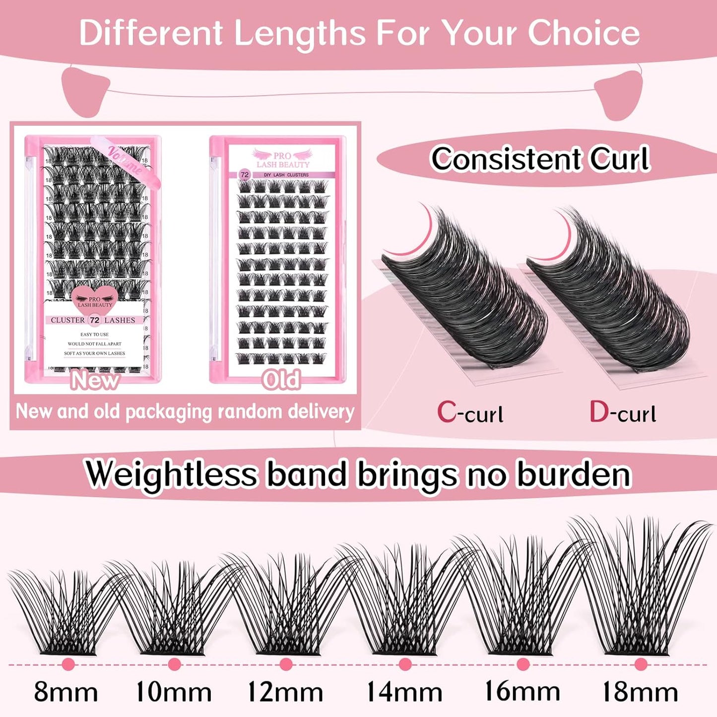 Lash Clusters, 72 Pcs Individual Cluster Lashes DIY Lash Extension 18mm Eyelash Clusters Volume Wispy Lashes Super Thin Band Reusable Soft & Comfortable (Volume, D-18mm)