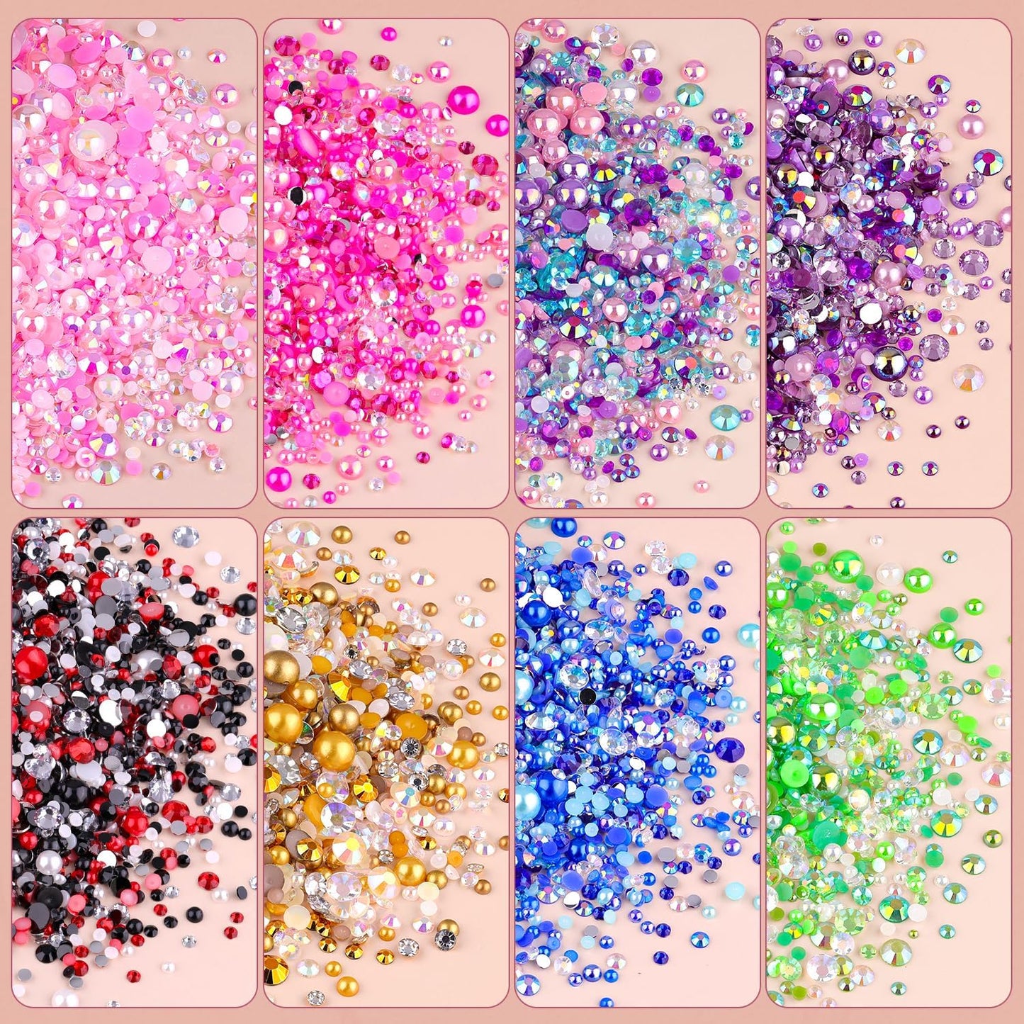9000PCS Flatback Pearls and Rhinestones for Crafting, Dark Blue Mixed Size 3-10mm Resin Rhinestones and Half Pearls for Bedazzling, Nail Art and Decoration with Tweezer and Pickup Pencil
