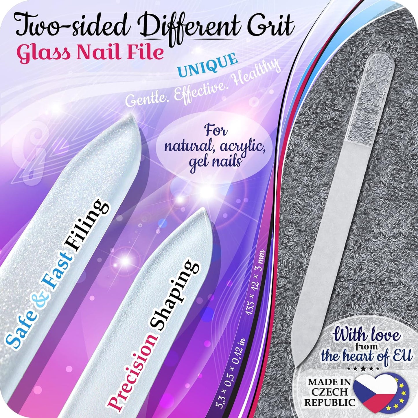 GLADZY Glass Nail File Set – Czech Crystal Nail Files for Natural Nails, Glass Foot File Callus Remover, Professional Manicure & Pedicure Kit for Fingernails & Toenails with Case and Towel, Made in EU