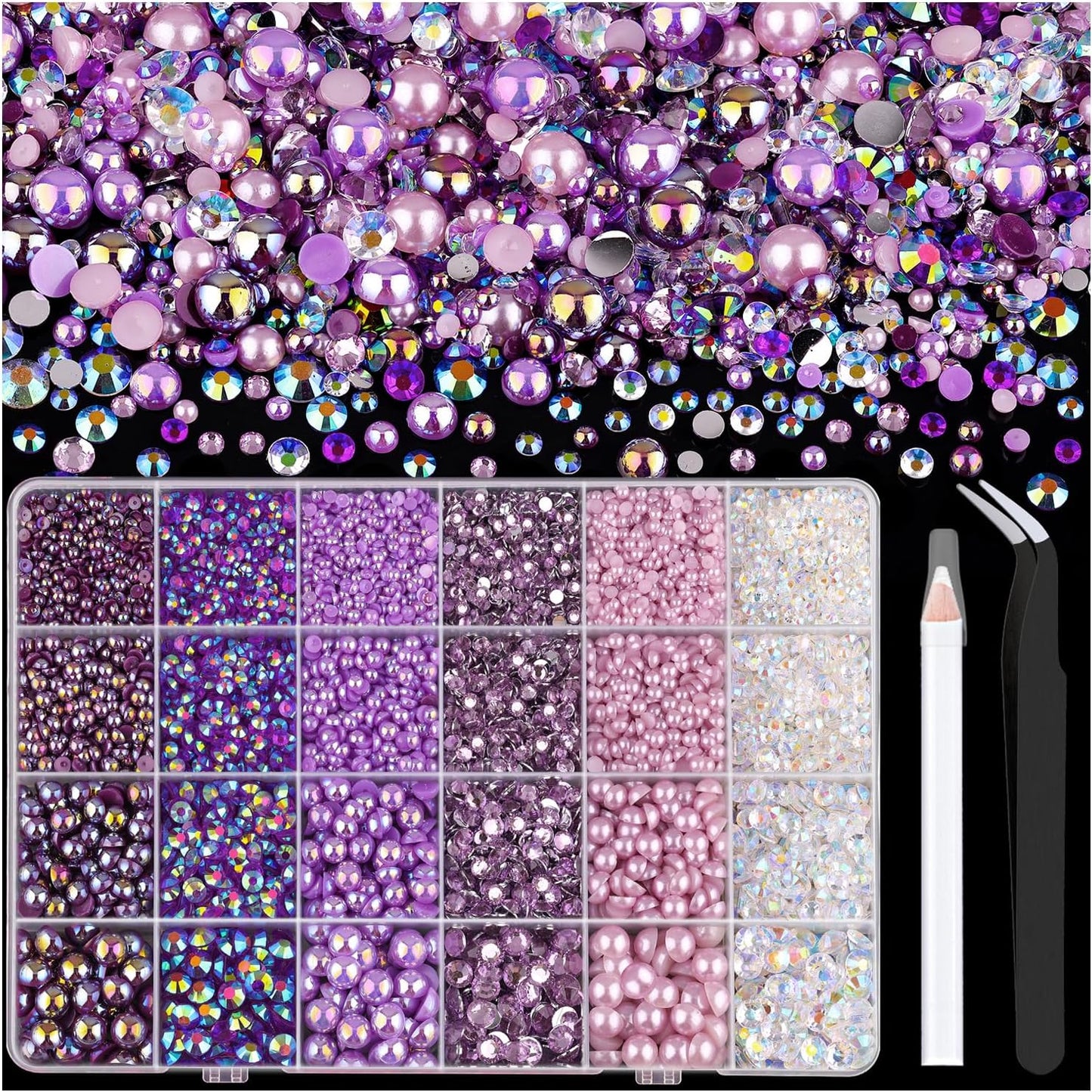 9000PCS Flatback Pearls and Rhinestones for Crafting, Purple Mixed Size 3-10mm Resin Rhinestones and Half Pearls for Bedazzling, Nail Art and Decoration with Tweezer and Pickup Pencil